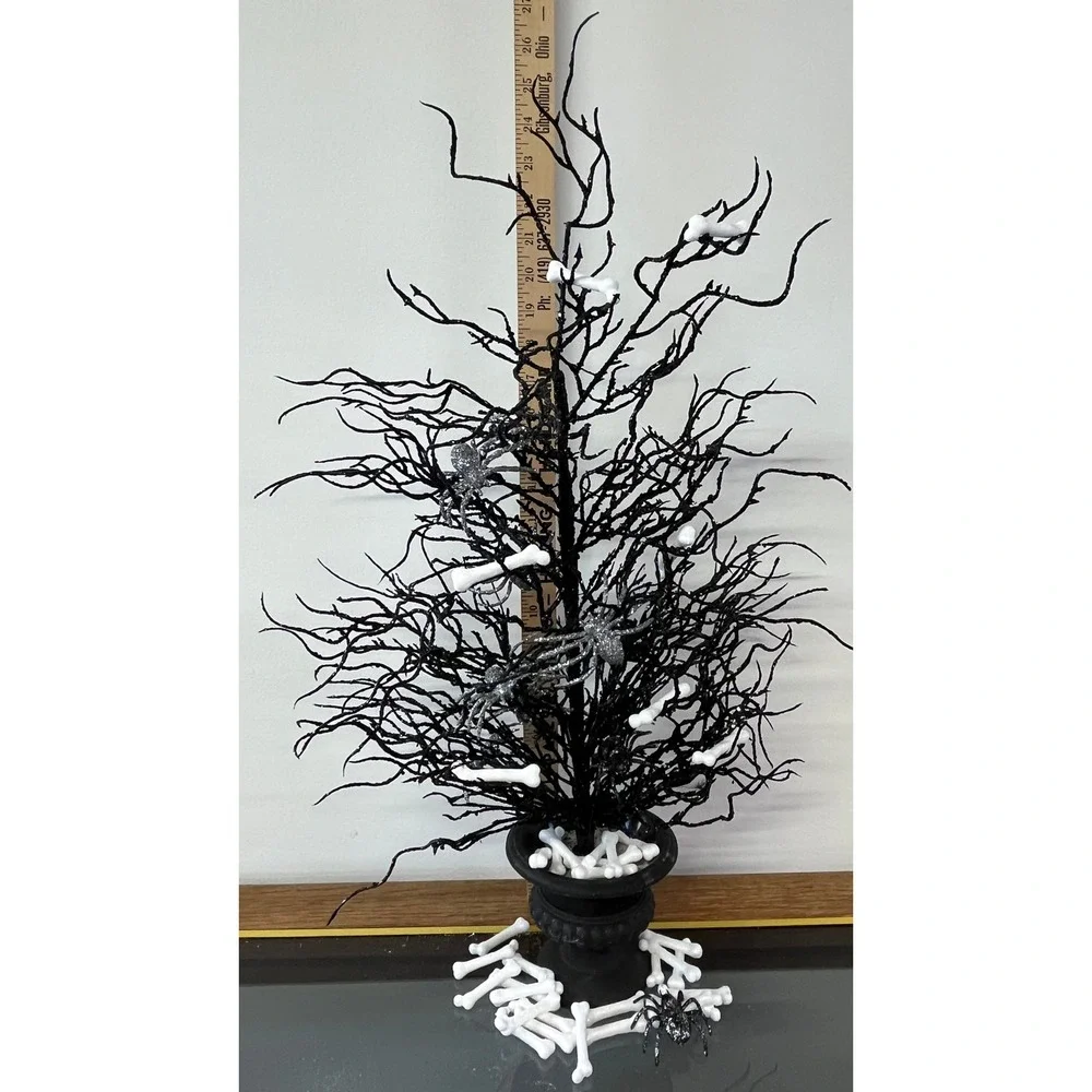 Black Glitter Halloween Spooky Twig Tree Spiders Bones Centerpiece 24